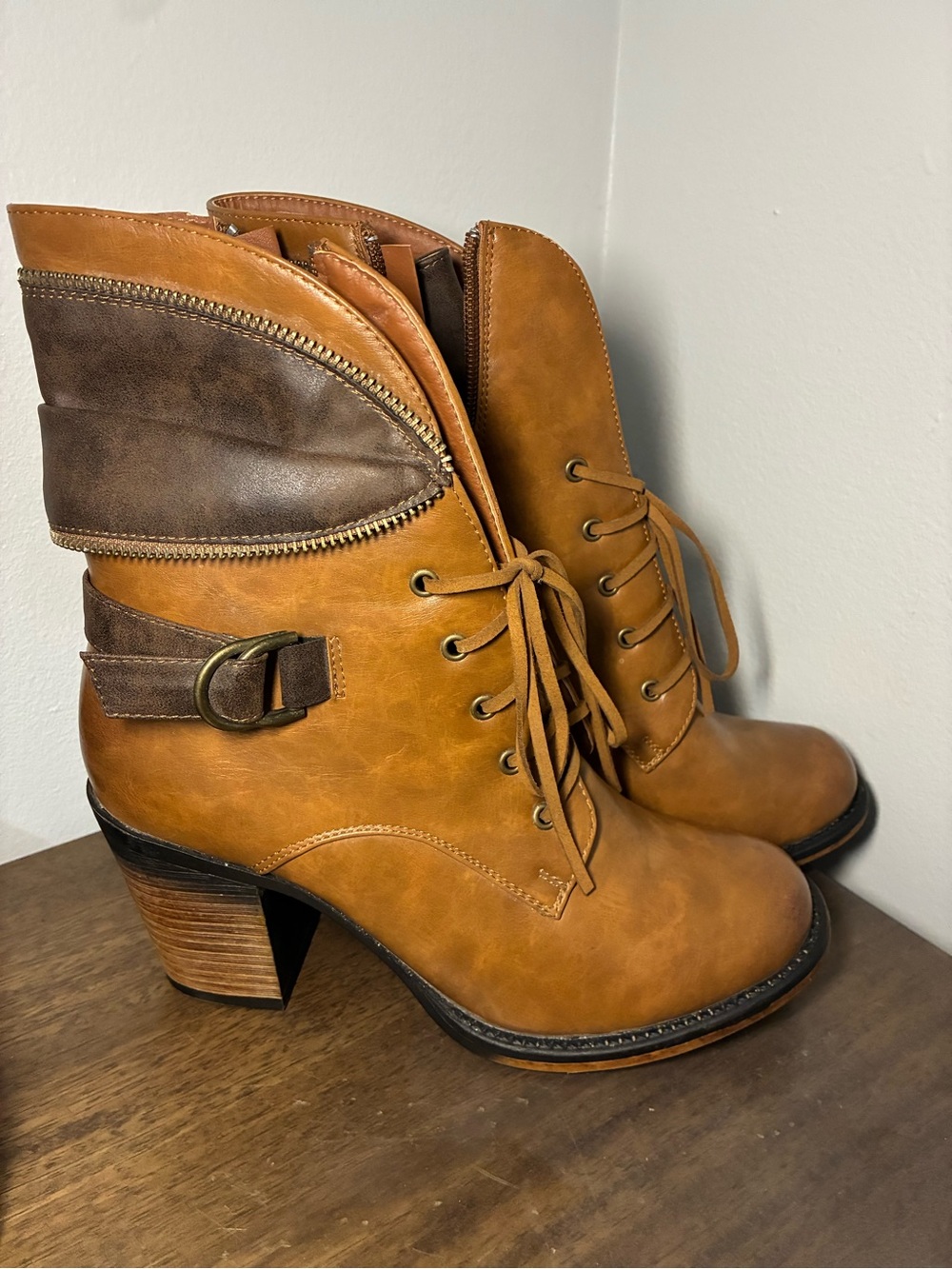 Pierre Dumas Two-Tone Tan and Brown Lace-Up Heeled Ankle Boots